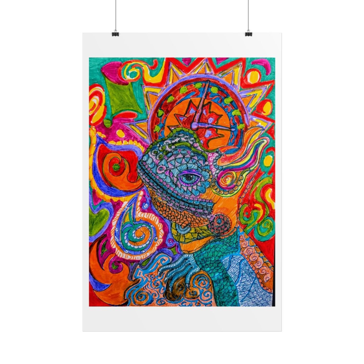 Psychedelic Chameleon Art Poster — Colorful Abstract Tribal Lizard Rolled Poster