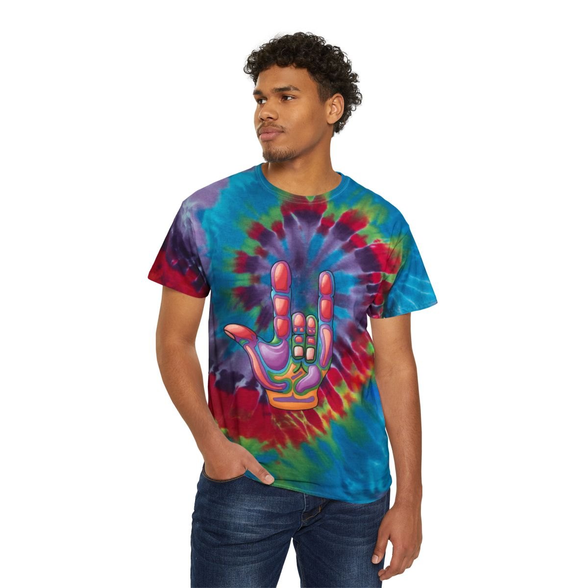Tie-Dye Spiral Tee — Psychedelic 'I Love You' Hand Graphic
