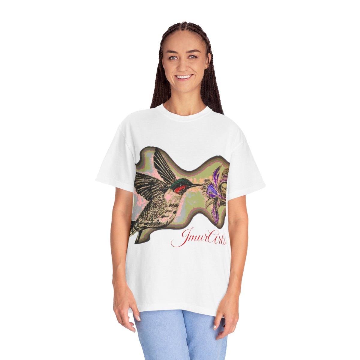 Hummingbird &amp; Iris Graphic T-Shirt — Vintage Floral Nature Tee