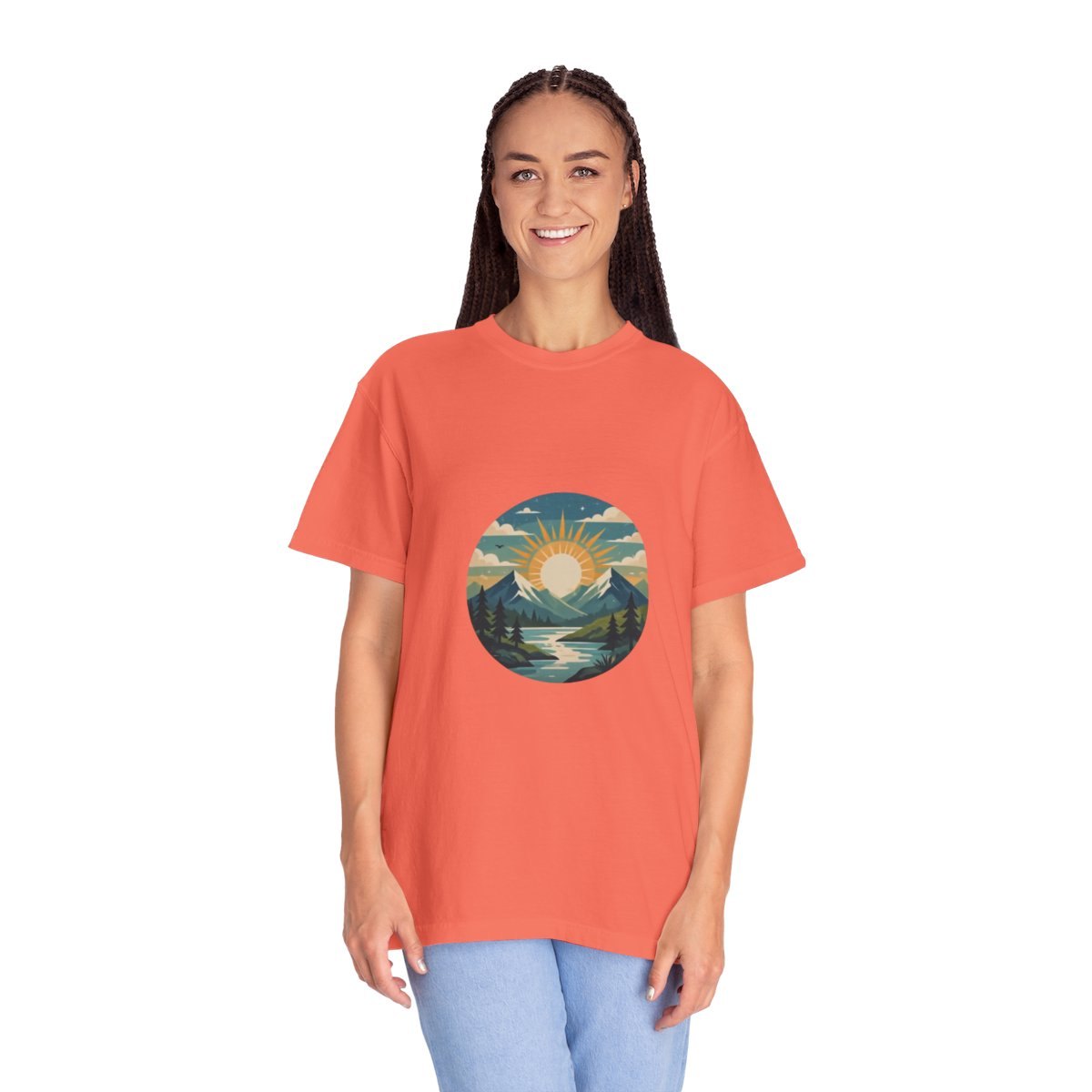 Sunrise Mountain River T-Shirt — Retro Nature Graphic Tee