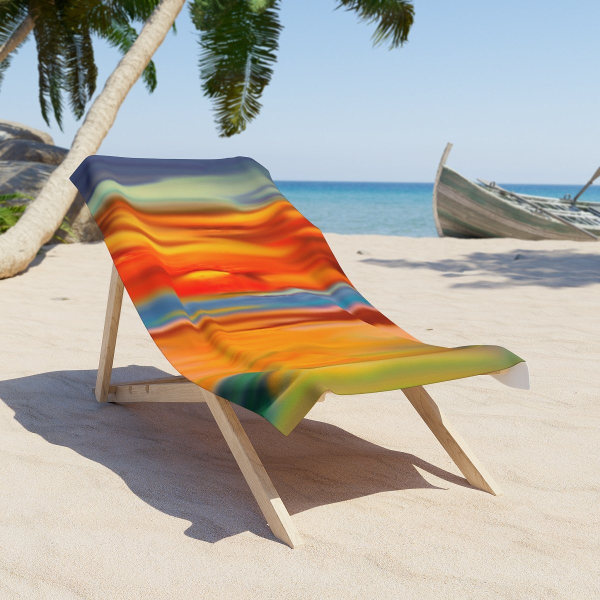 Abstract Sunset Stripes Beach Towel — Vibrant Orange &amp; Teal Tropical Waves