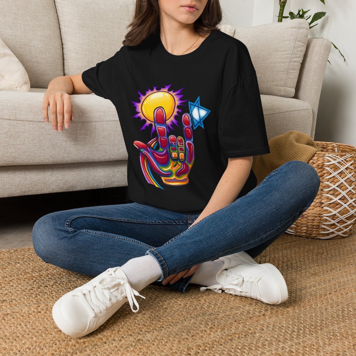 Sun &amp; Star Rocker T‑Shirt — Colorful Hand Sign with Star of David Graphic
