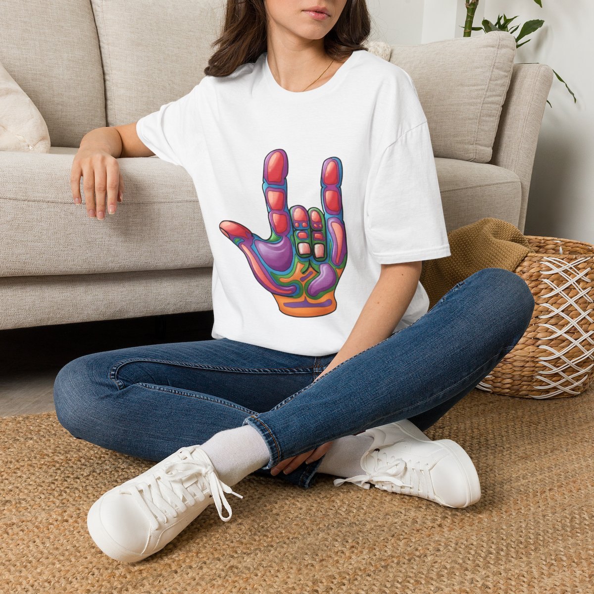 Rock On ASL Hand T‑Shirt — Colorful Sign Language 'I Love You' Graphic Tee