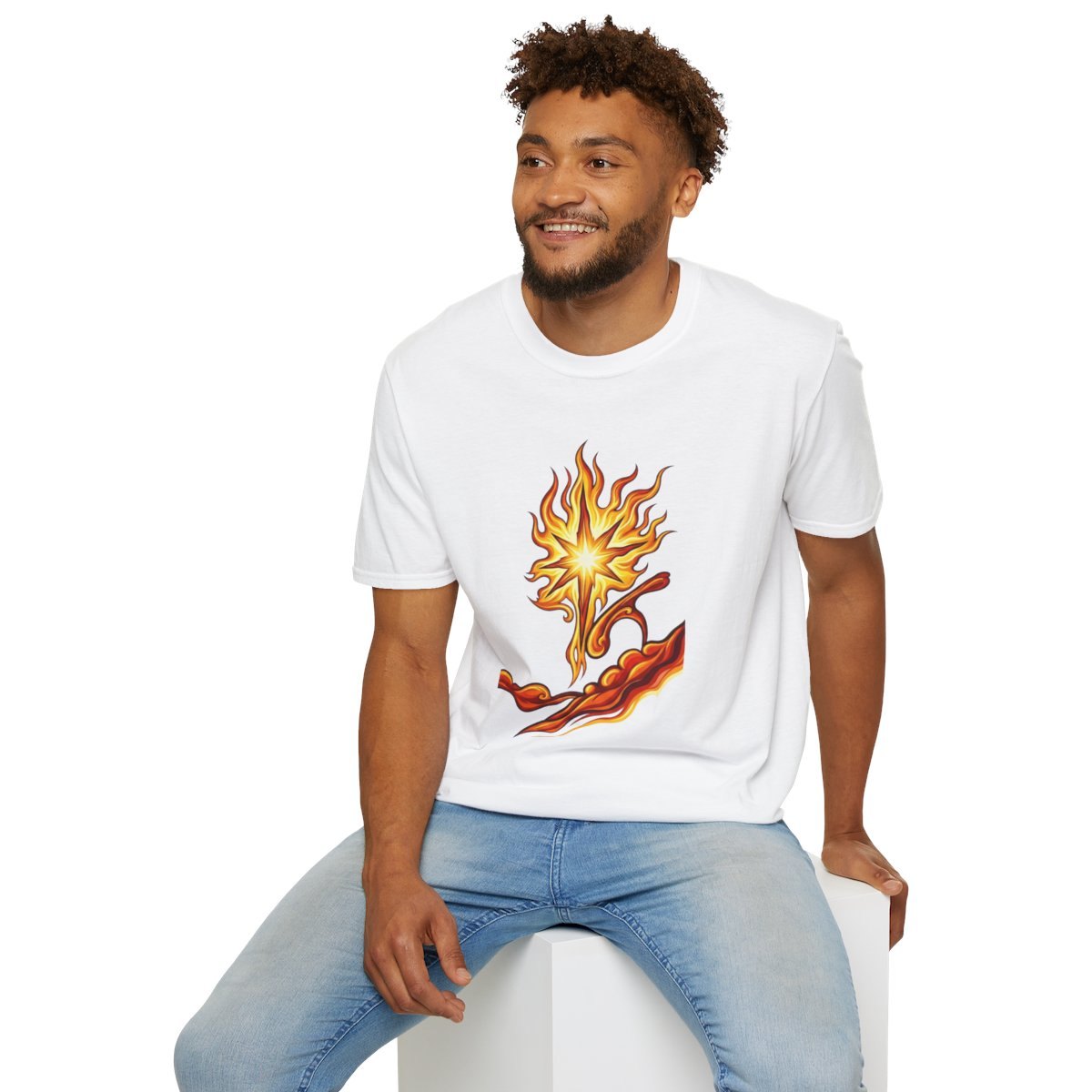 Sunburst Flame Graphic T-Shirt — Bold Celestial Fire Design