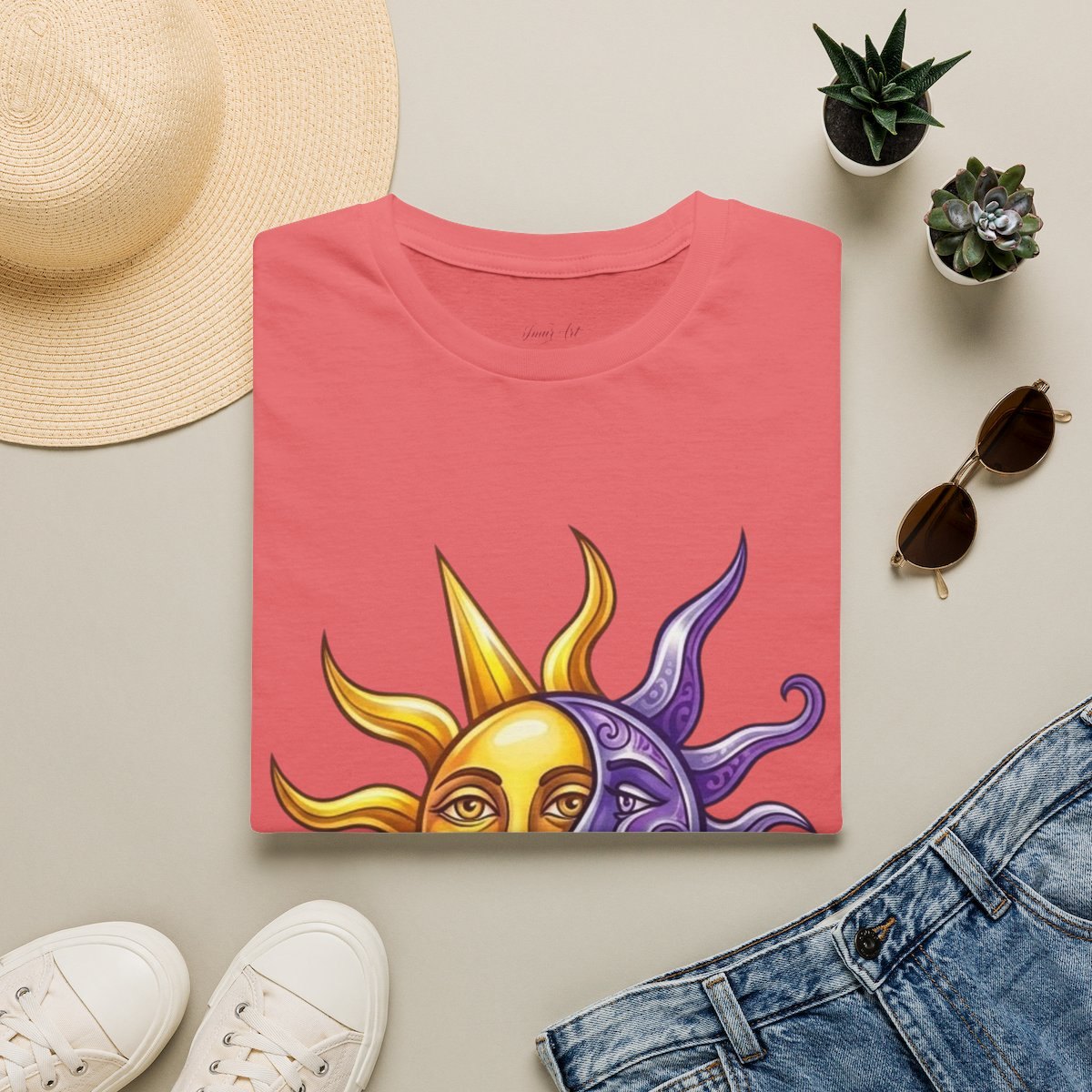 Sun and Moon Graphic T-Shirt — Purple &amp; Gold Celestial Design