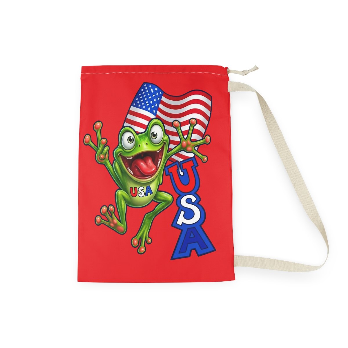 Patriotic Frog USA Laundry Bag — American Flag Drawstring Tote for 4th of July