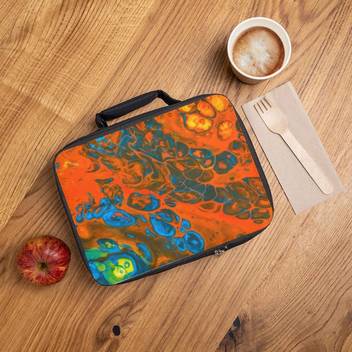 Abstract Orange &amp; Blue Lunch Bag – Vibrant Fluid Art Insulated Lunchbox