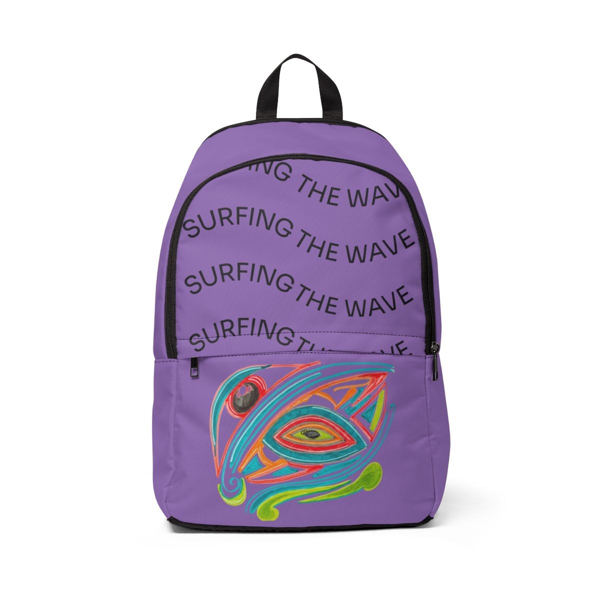 Surfing The Wave Purple Backpack — Vibrant Abstract Fish Design