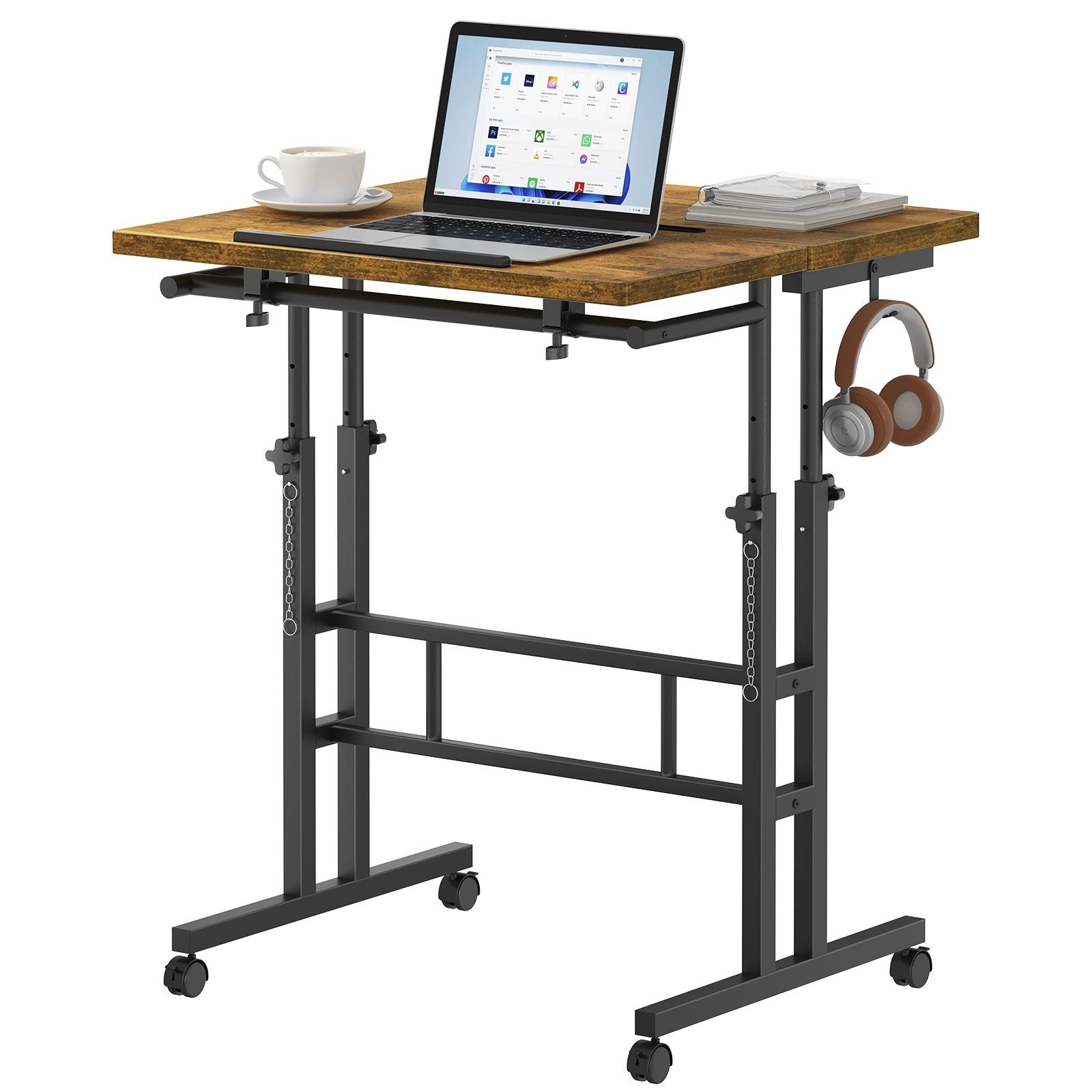 Compact height-adjustable desk with a split work surface for a small gaming setup