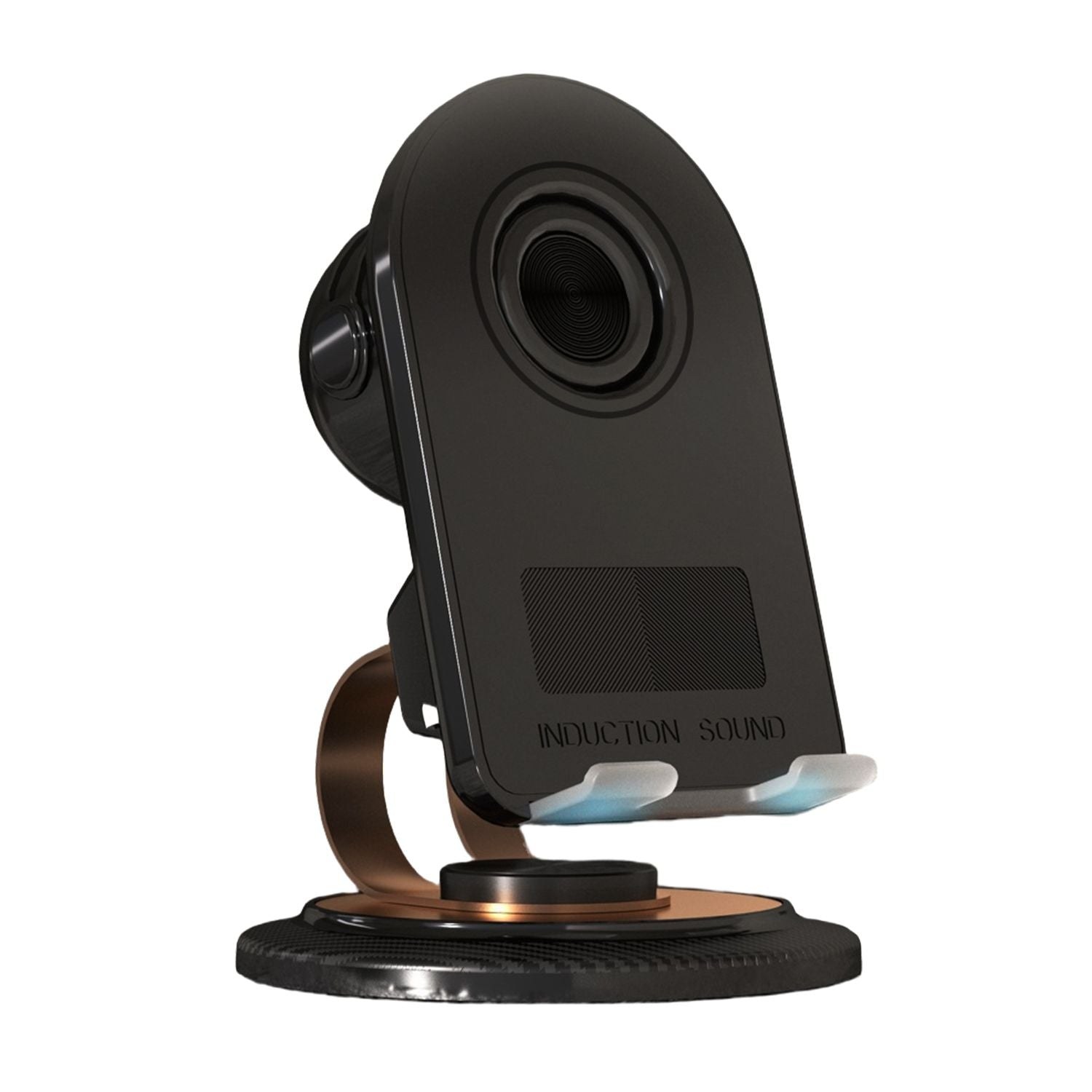 Phone stand with built-in speaker for keeping a phone upright and off a compact desk surface
