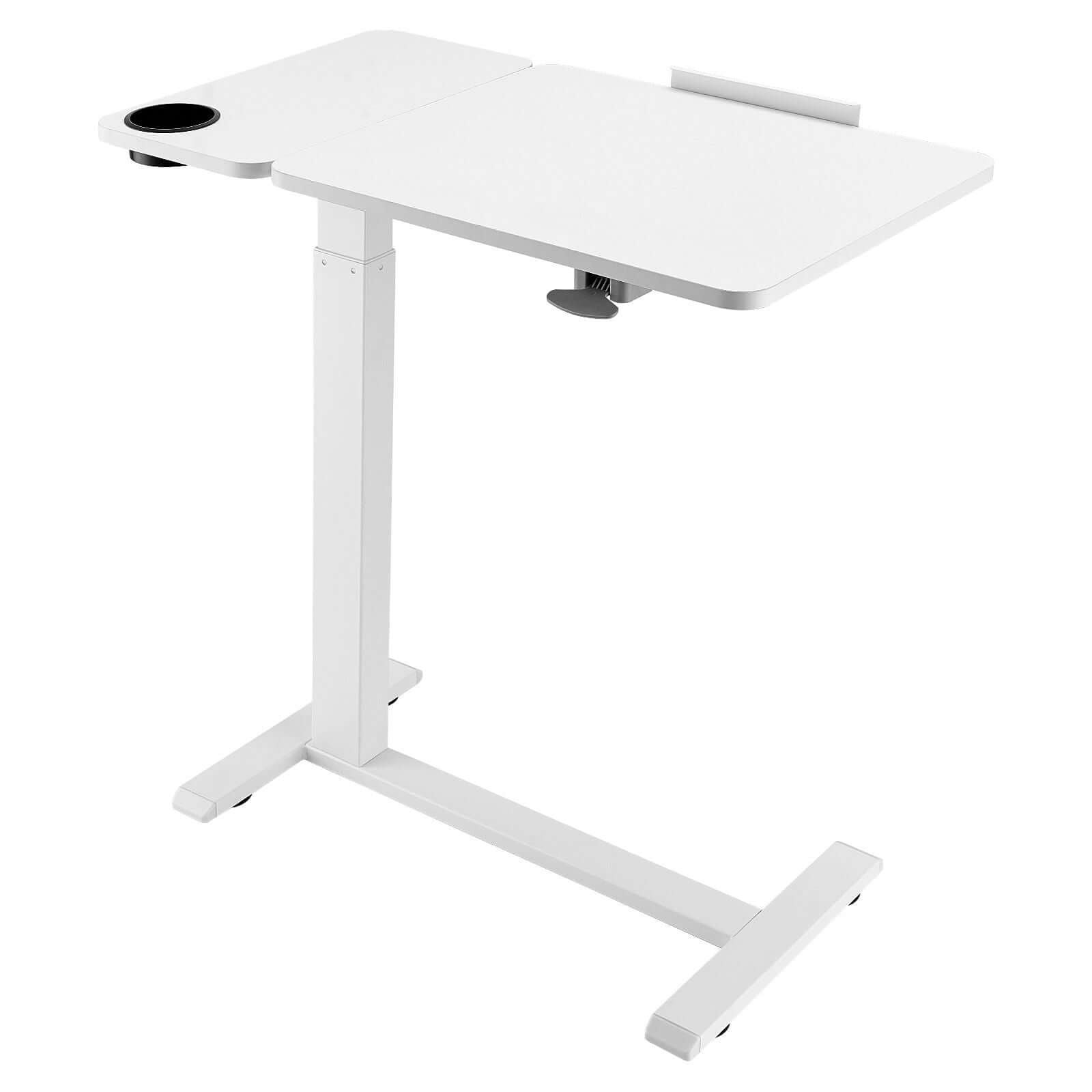 Adjustable rolling desk that shows how a flexible work surface can change cable routing needs