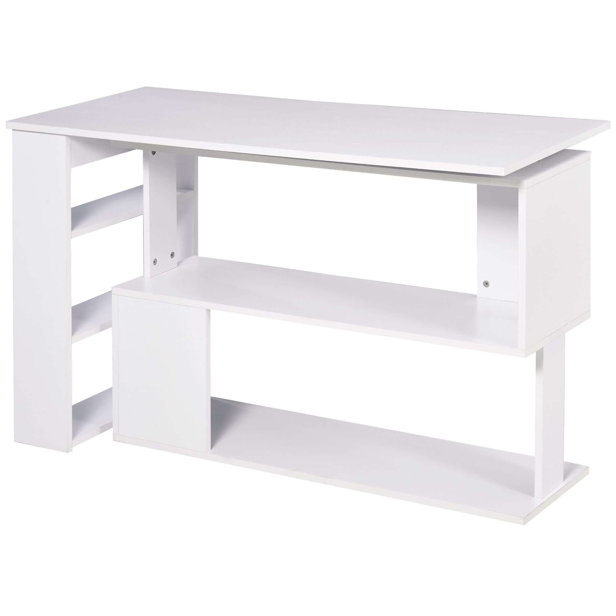 White L-shaped desk with shelving for a flexible gaming or home office setup