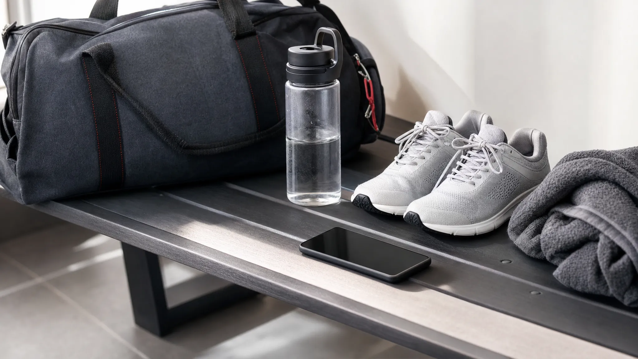 Gym bag, trainers, water bottle and phone on a locker-room bench
