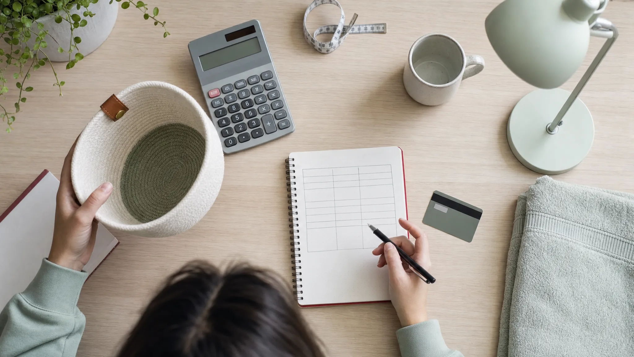Student using a calculator beside a basket of home essentials and a notebook