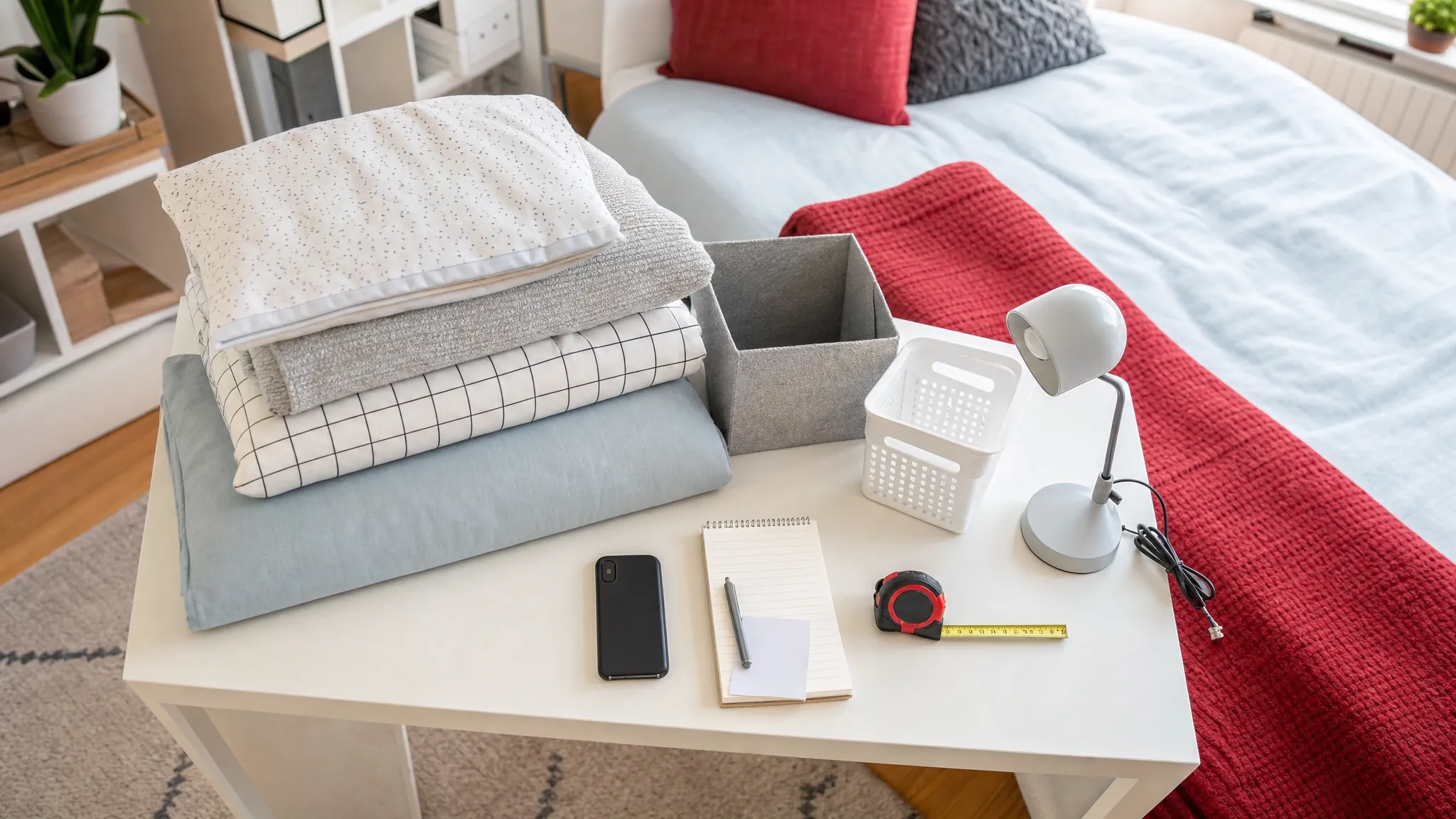 Student room essentials including bedding, storage and a desk lamp arranged on a table