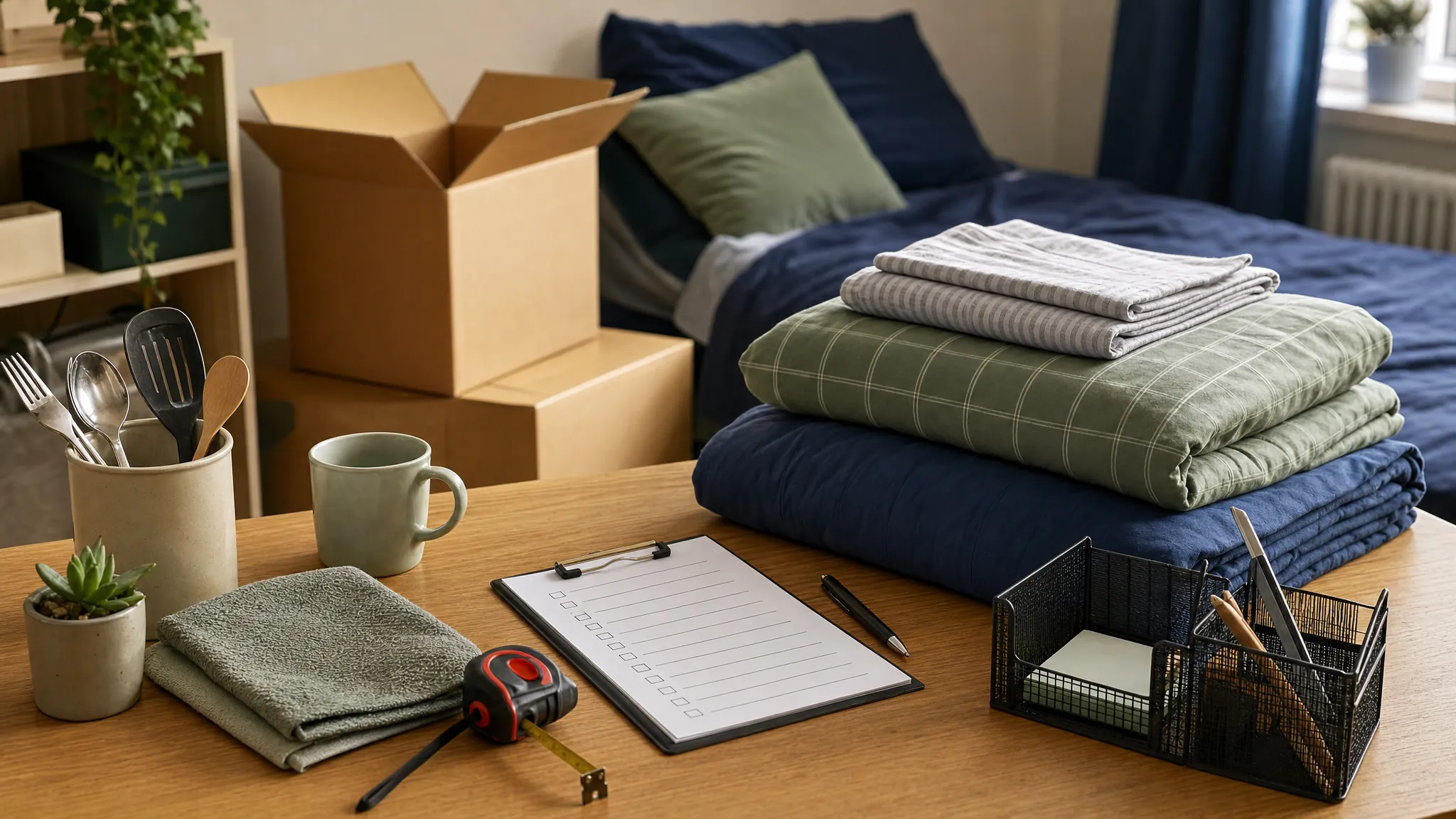 Move-in essentials including bedding, cookware and storage set beside packing boxes