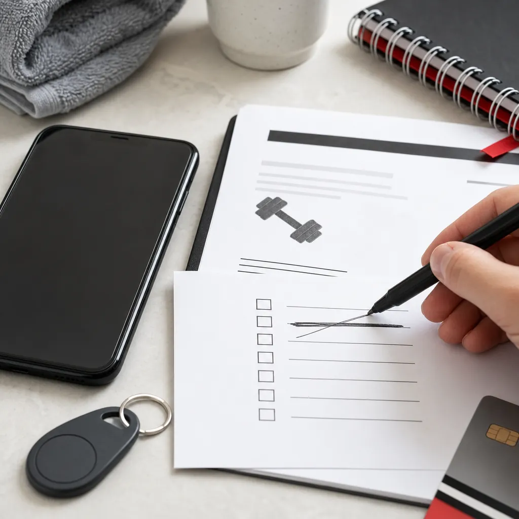 Gym membership paperwork and checklist with a crossed-out payment line