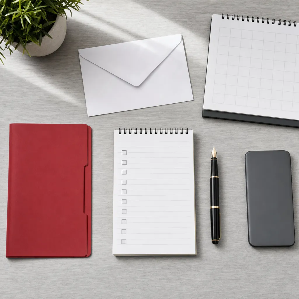 Envelope, blank checklist, calendar and pen arranged for a written membership notice