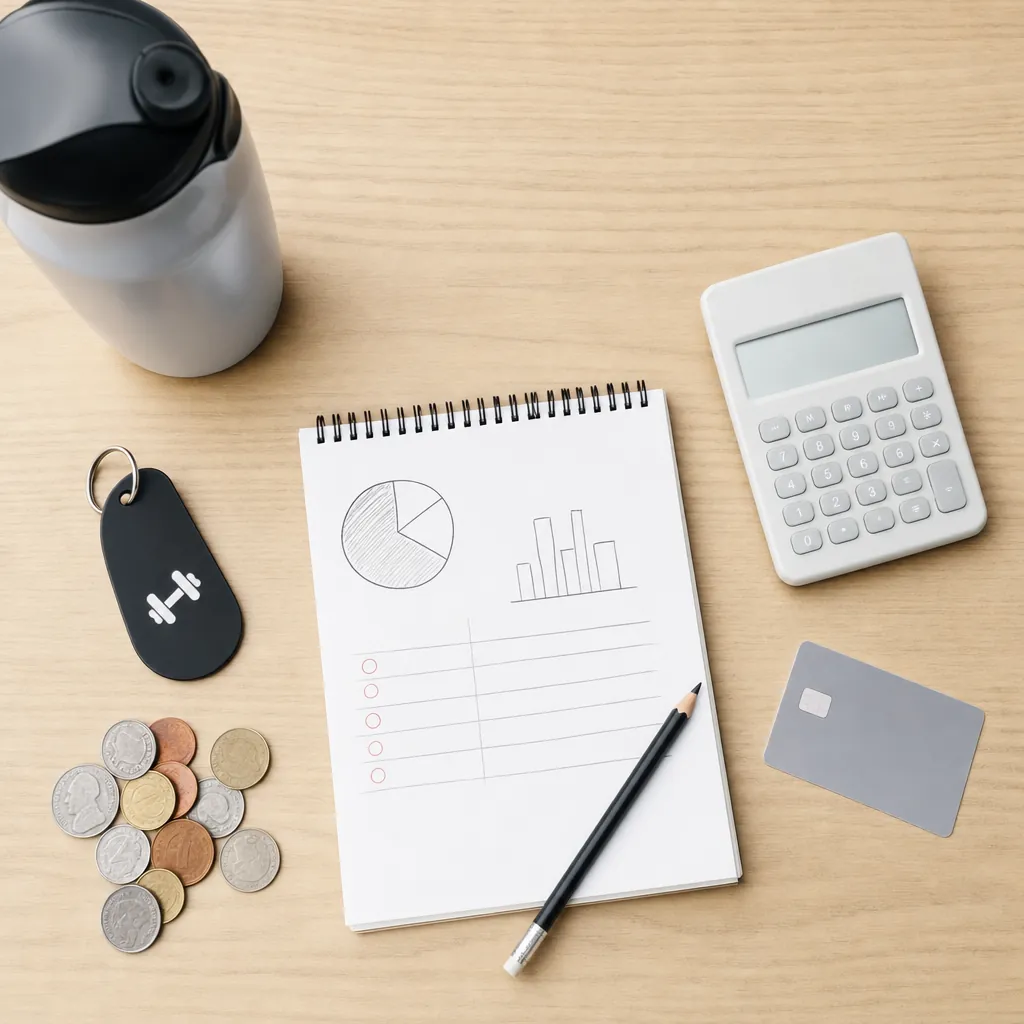 Gym key tag, calculator, coins and notebook used to review a monthly membership cost