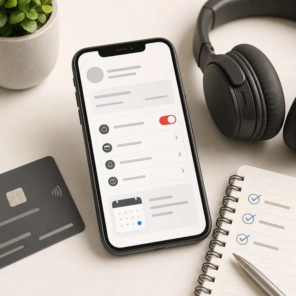 Headphones, calendar and payment card used to review a subscription