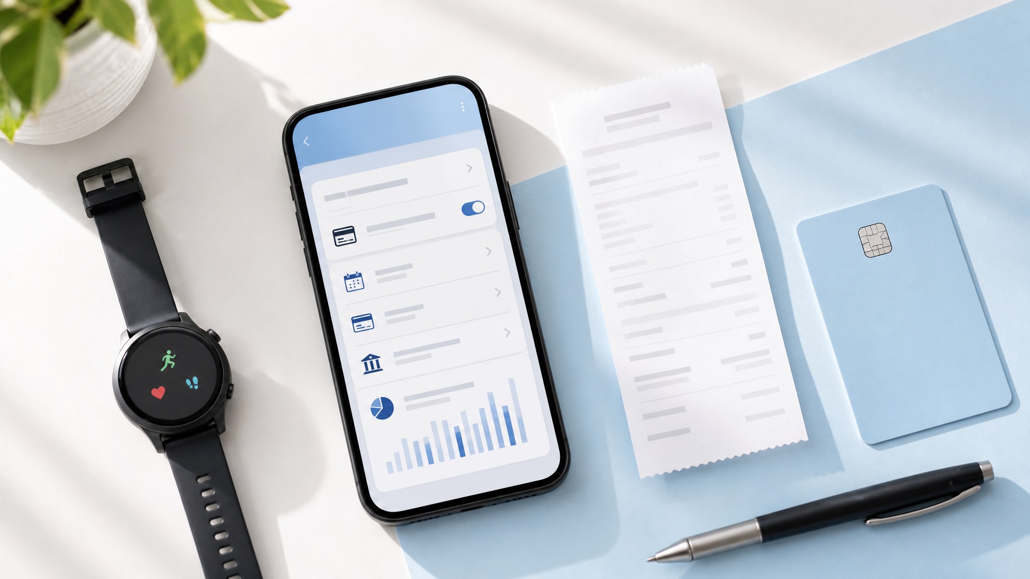 A phone, sports watch and payment paperwork laid out to check a subscription billing source