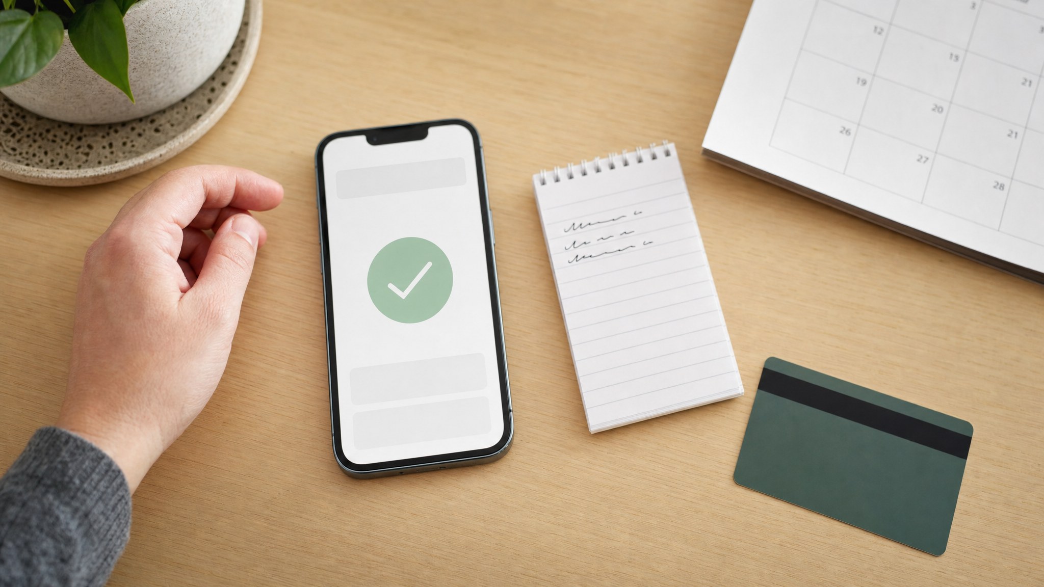 Phone showing a generic confirmation mark beside a calendar and payment card