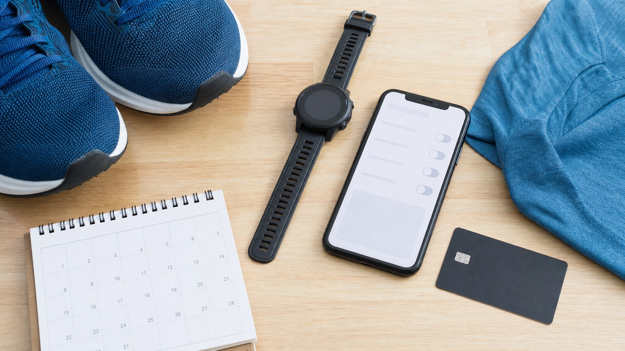 Running shoes, sports watch, phone and calendar used to review a fitness subscription