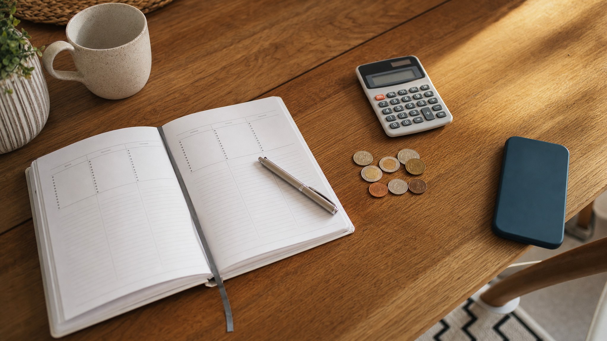 Weekly planner, calculator and coins used to plan money saved from a recurring payment