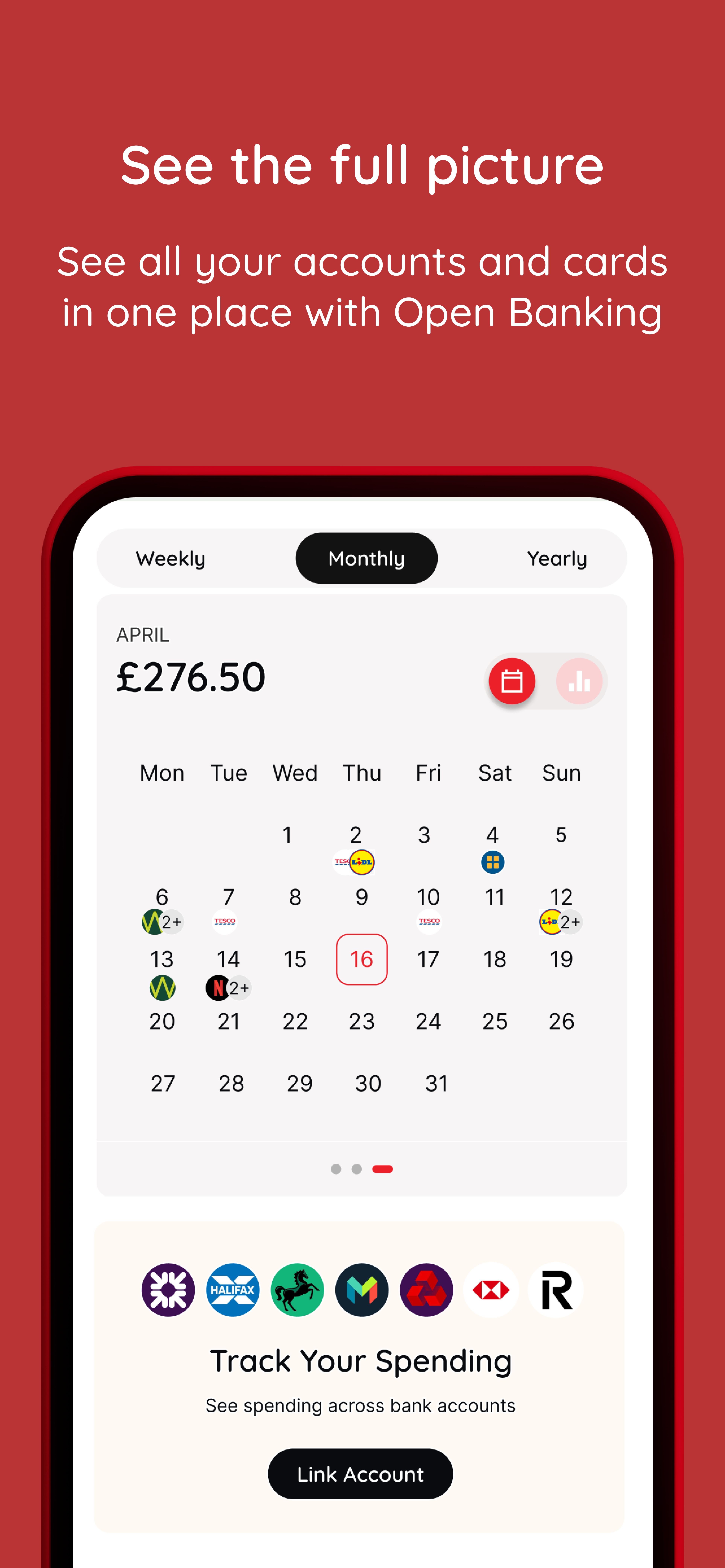118M8 app screen showing spending across accounts with Open Banking