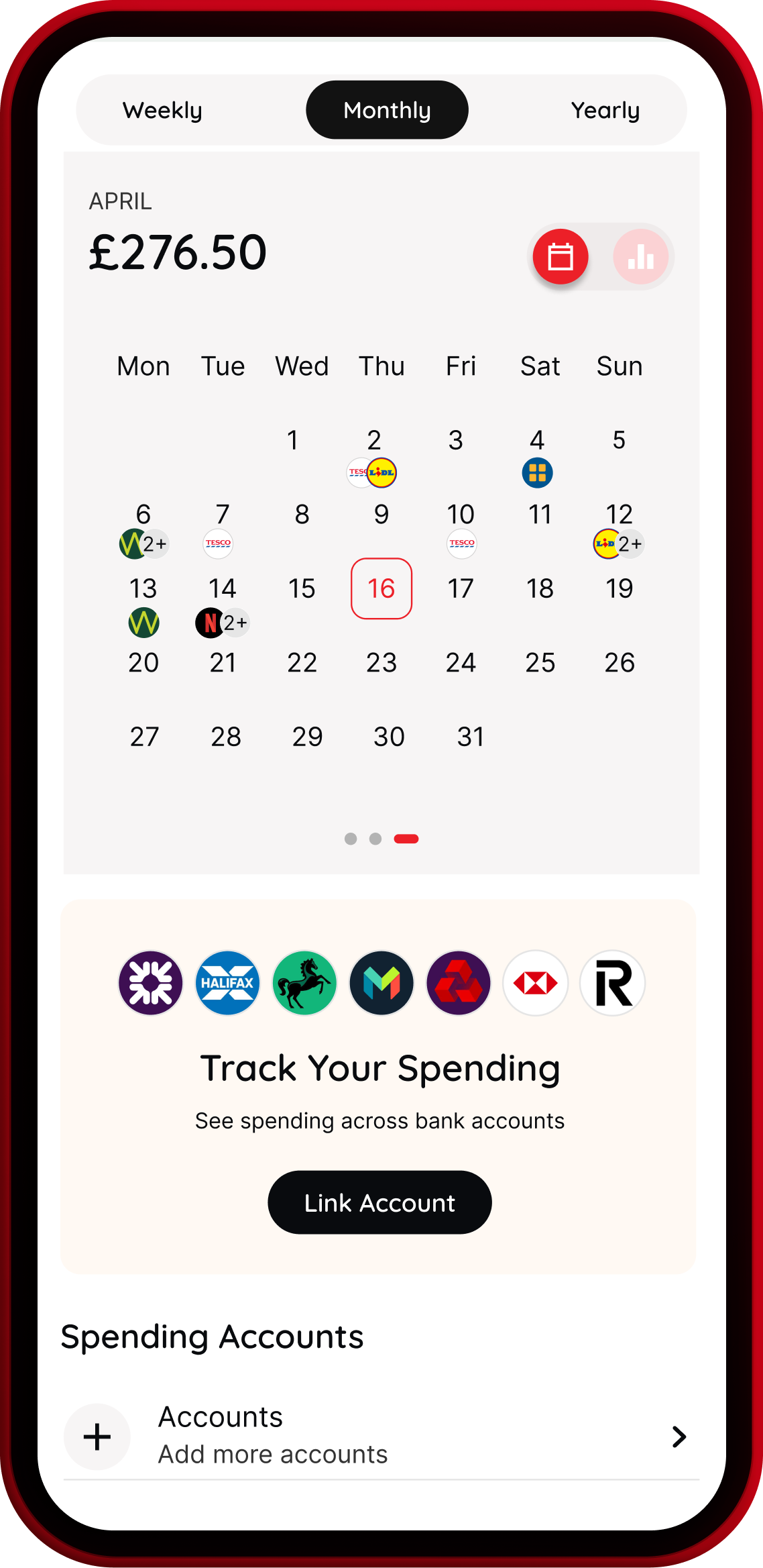 118M8 app screen showing spending across accounts with Open Banking
