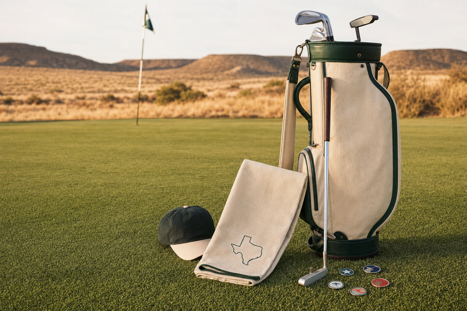 Golf bag, clubs, towel, cap and ball markers on a West Texas putting green
