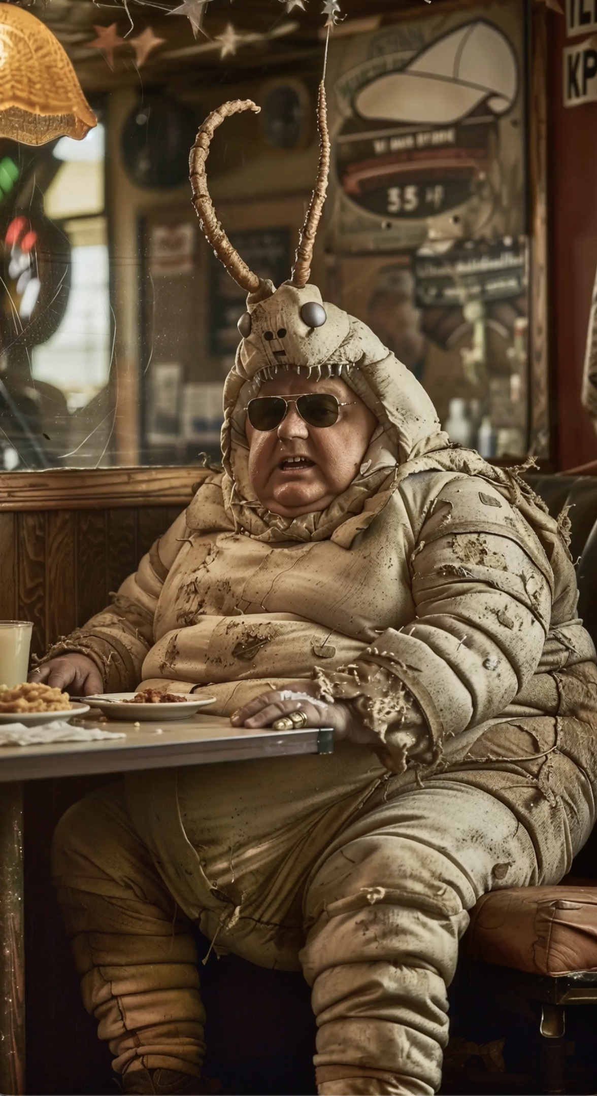 Red-Eye Diner campaign character in a booth