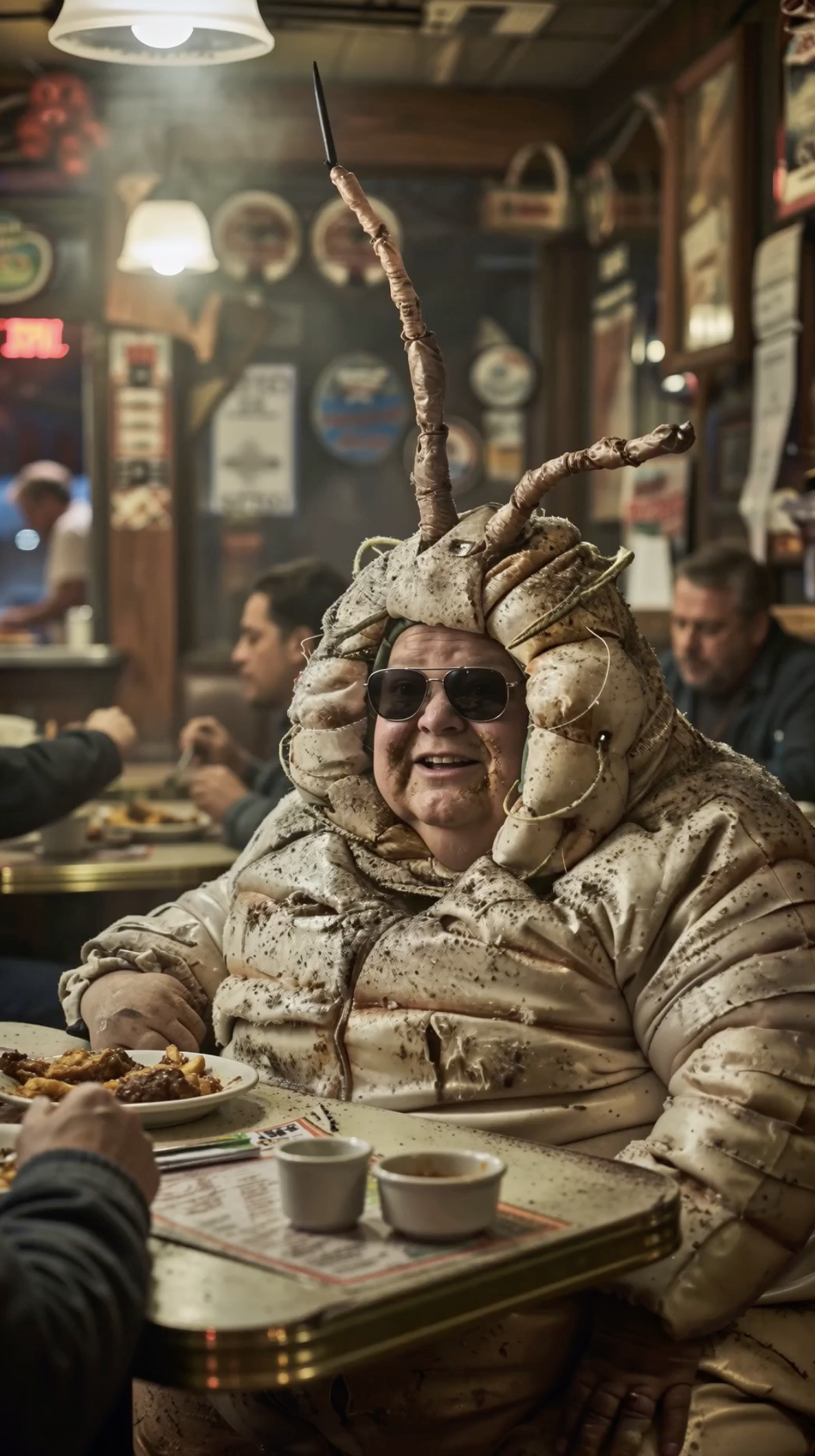 Red-Eye Diner campaign character at a booth