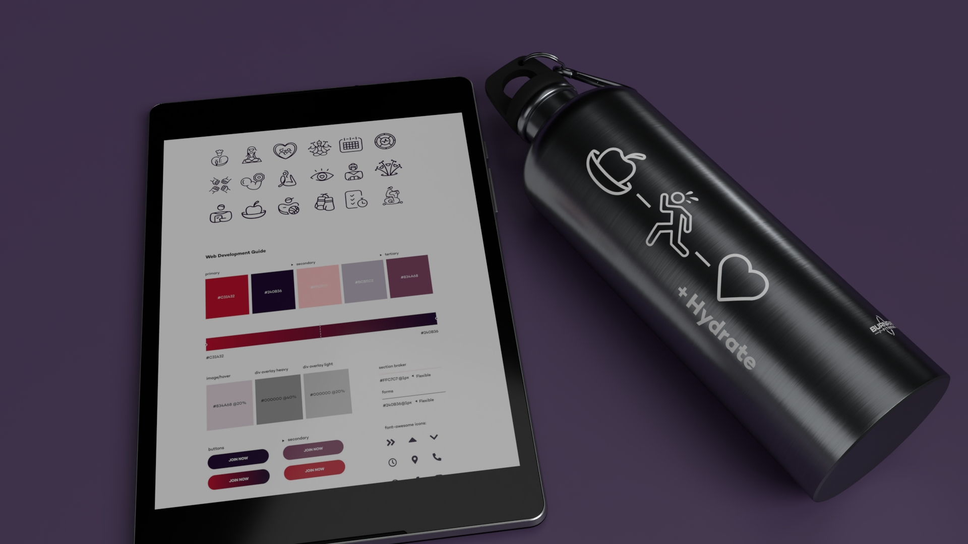 Burn Rate brand guidelines on tablet with branded water bottle