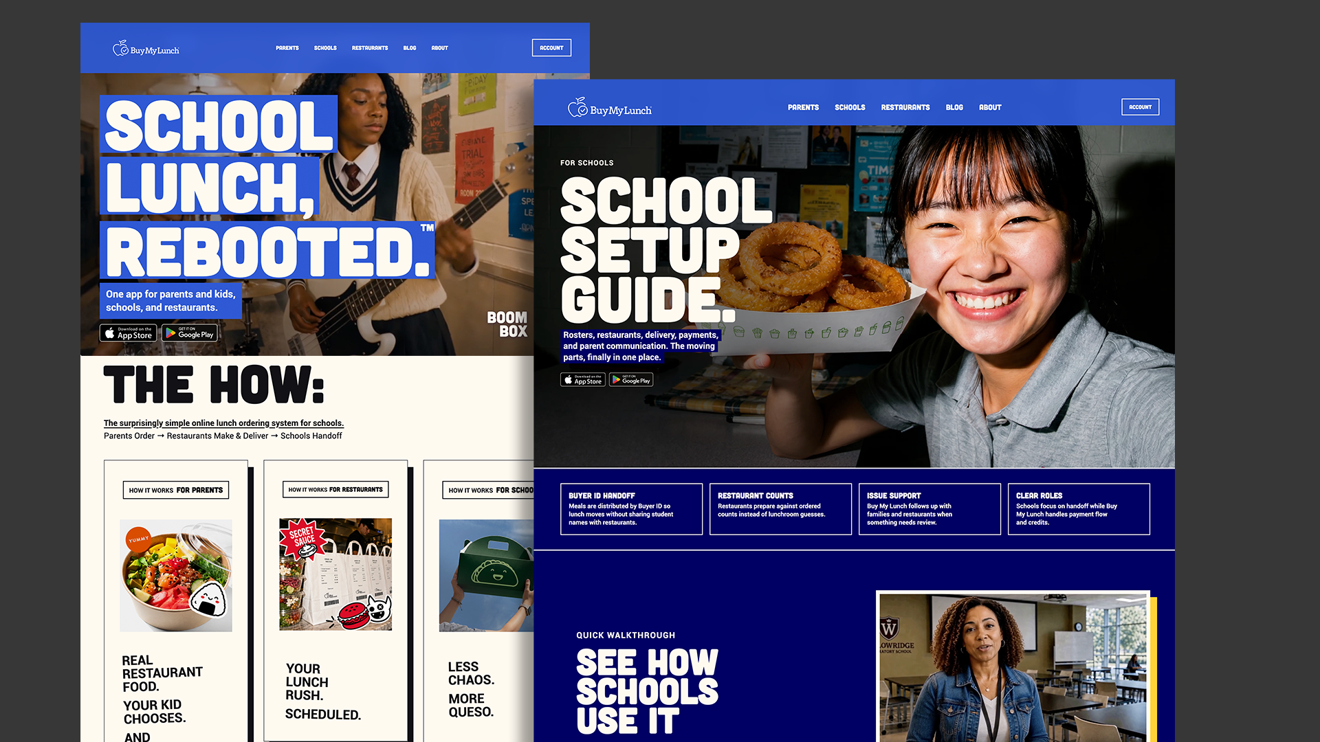Buy My Lunch website designs showing the homepage and school setup guide