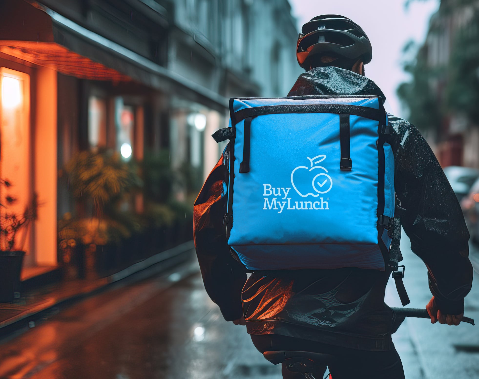 Buy My Lunch delivery rider on a rainy city street