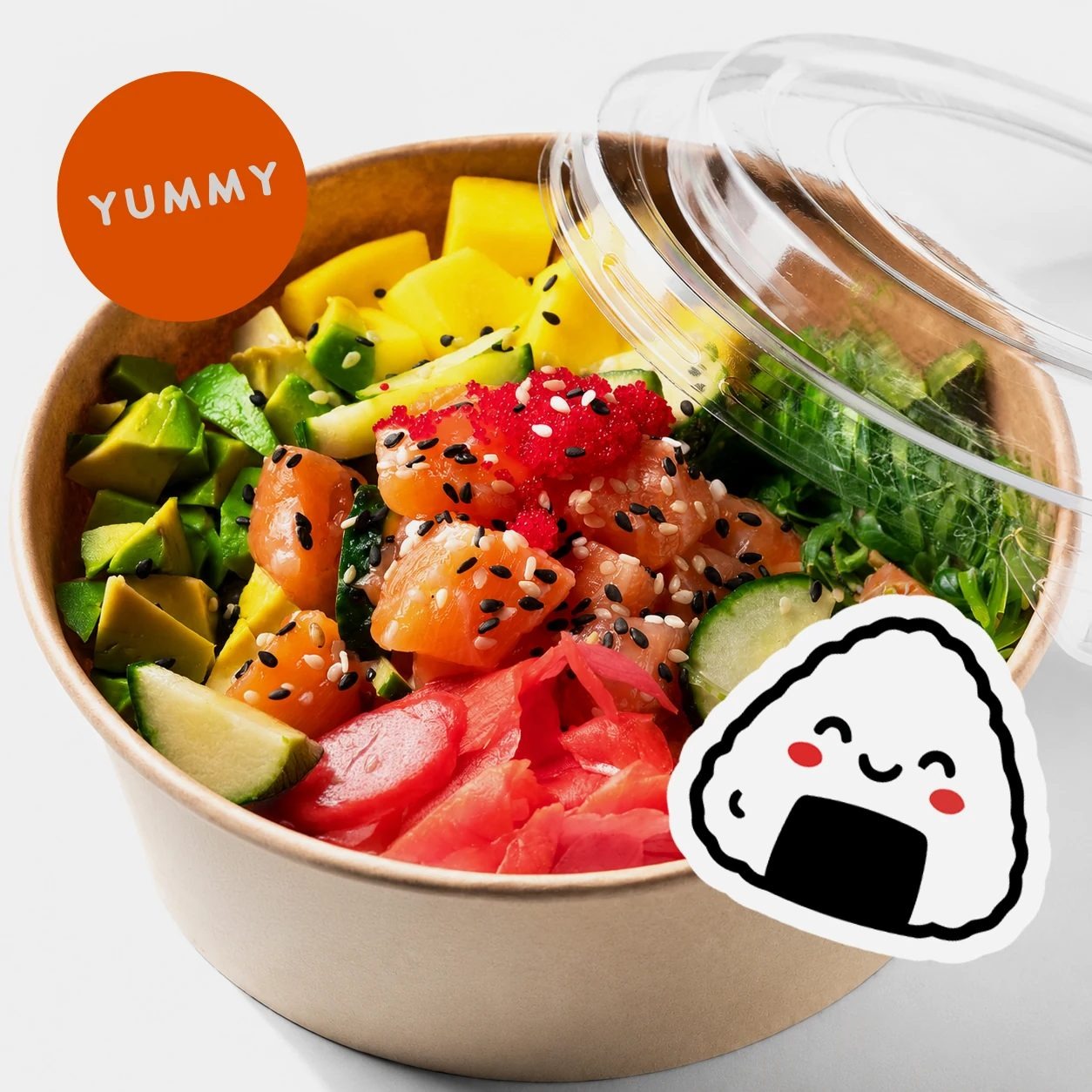 A parent handing a poke bowl lunch to a student