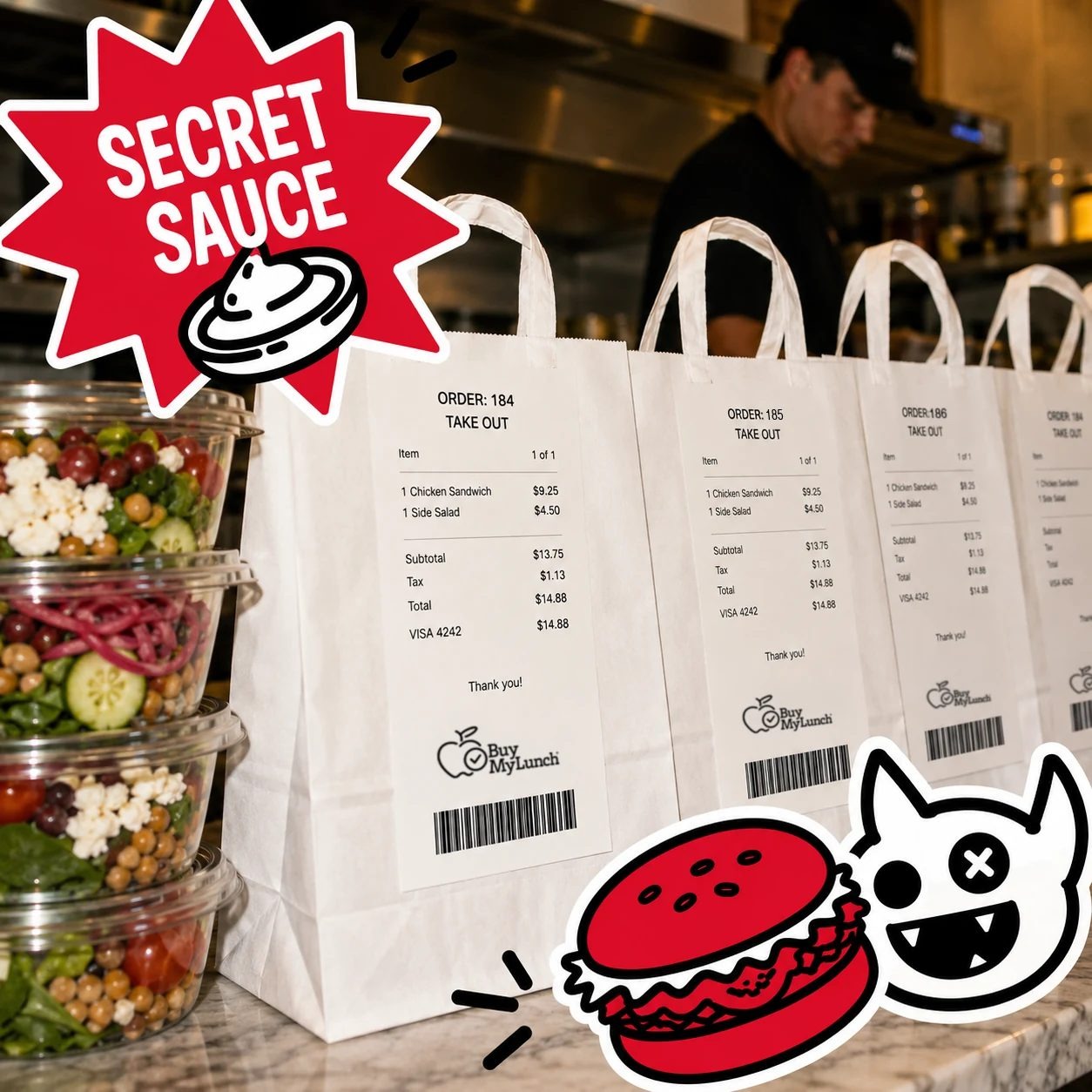 A restaurant kitchen preparing school lunch orders
