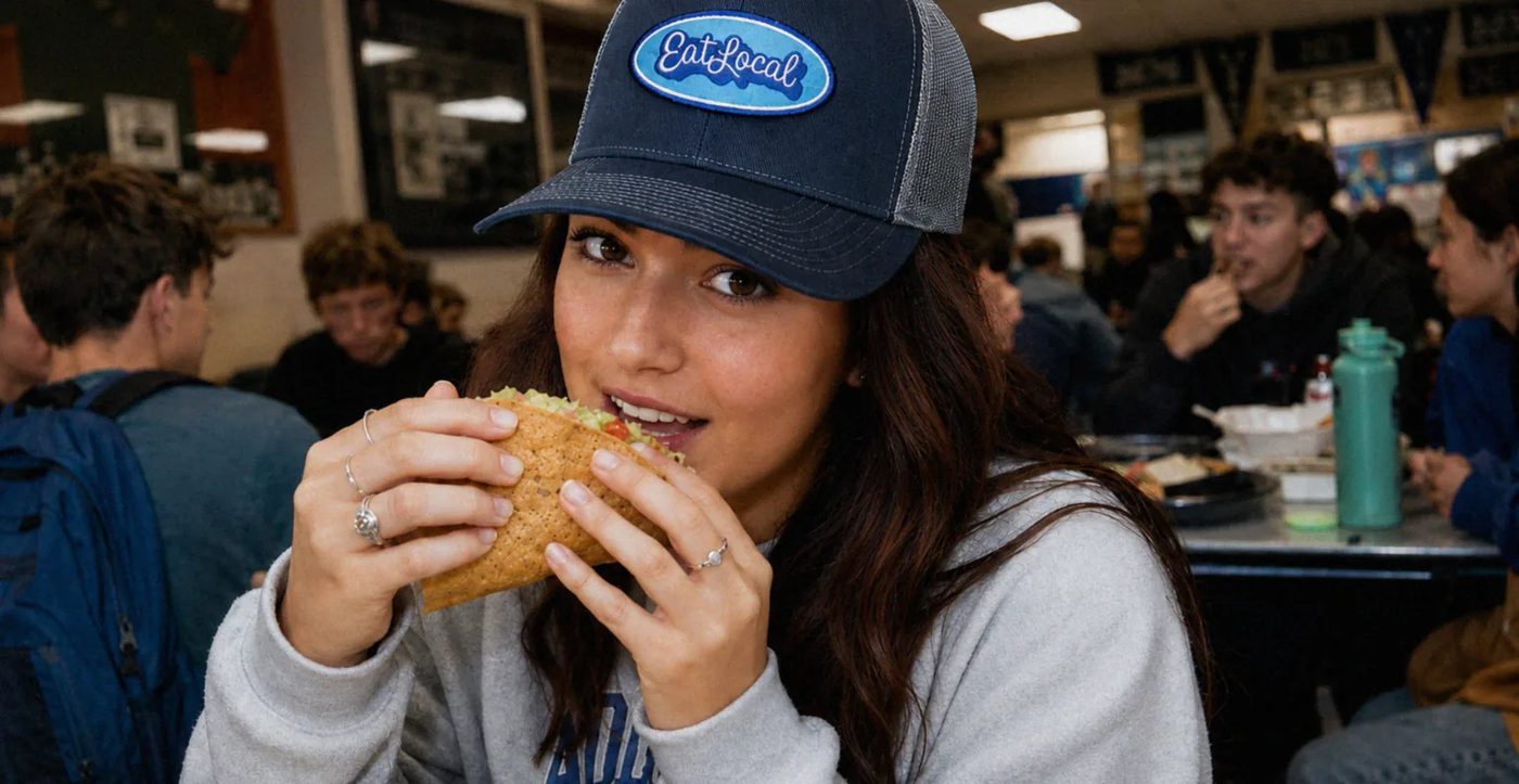 A student wearing an Eat Local hat at lunch