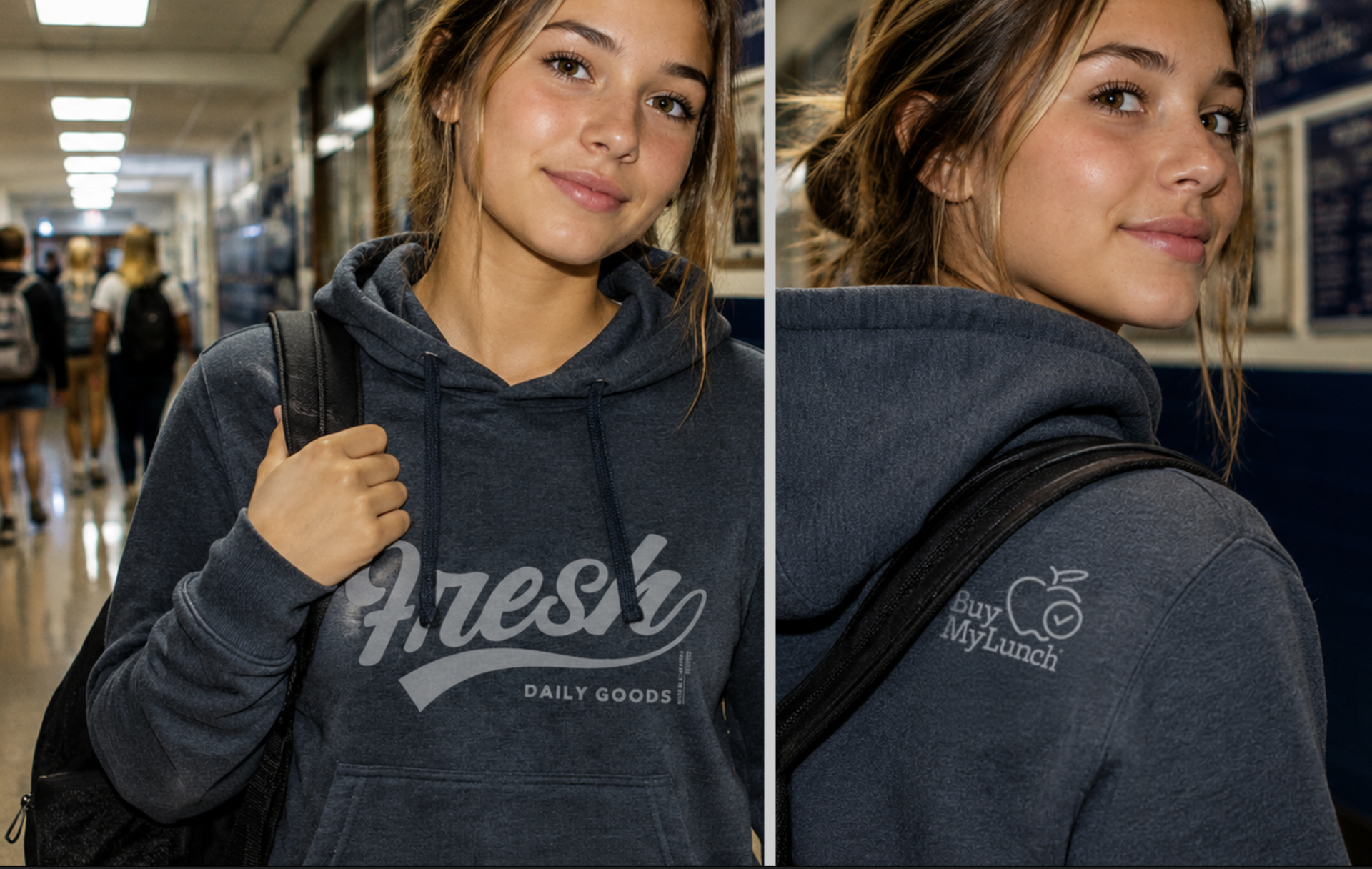 Student wearing a Fresh daily goods hoodie with Buy My Lunch branding