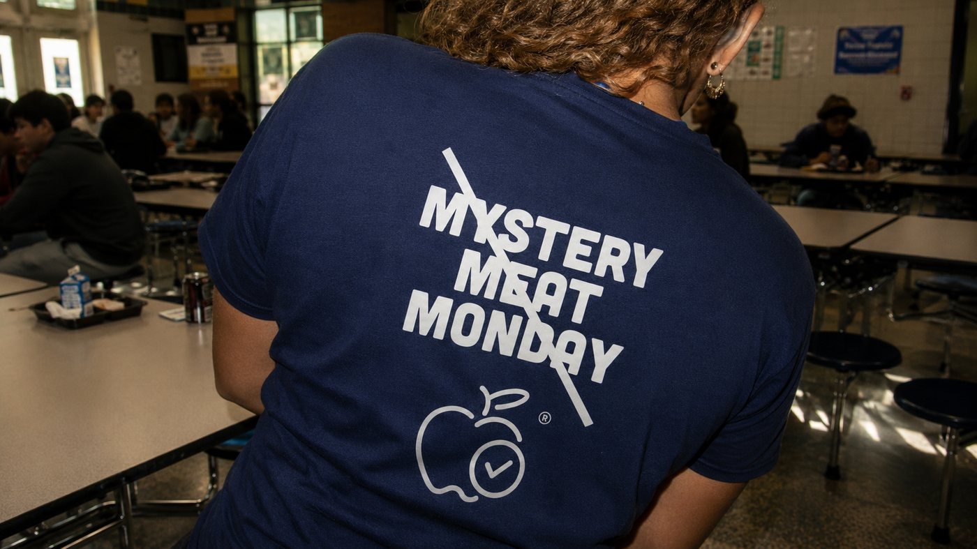 Mystery Meat Monday T-shirt in a school cafeteria