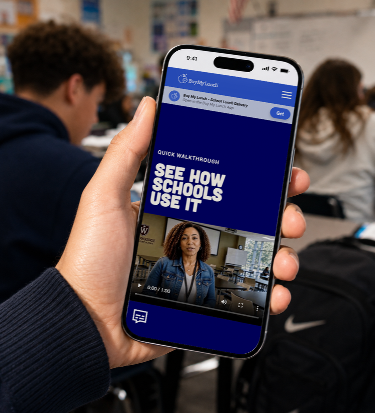 Buy My Lunch school guide shown on a mobile phone
