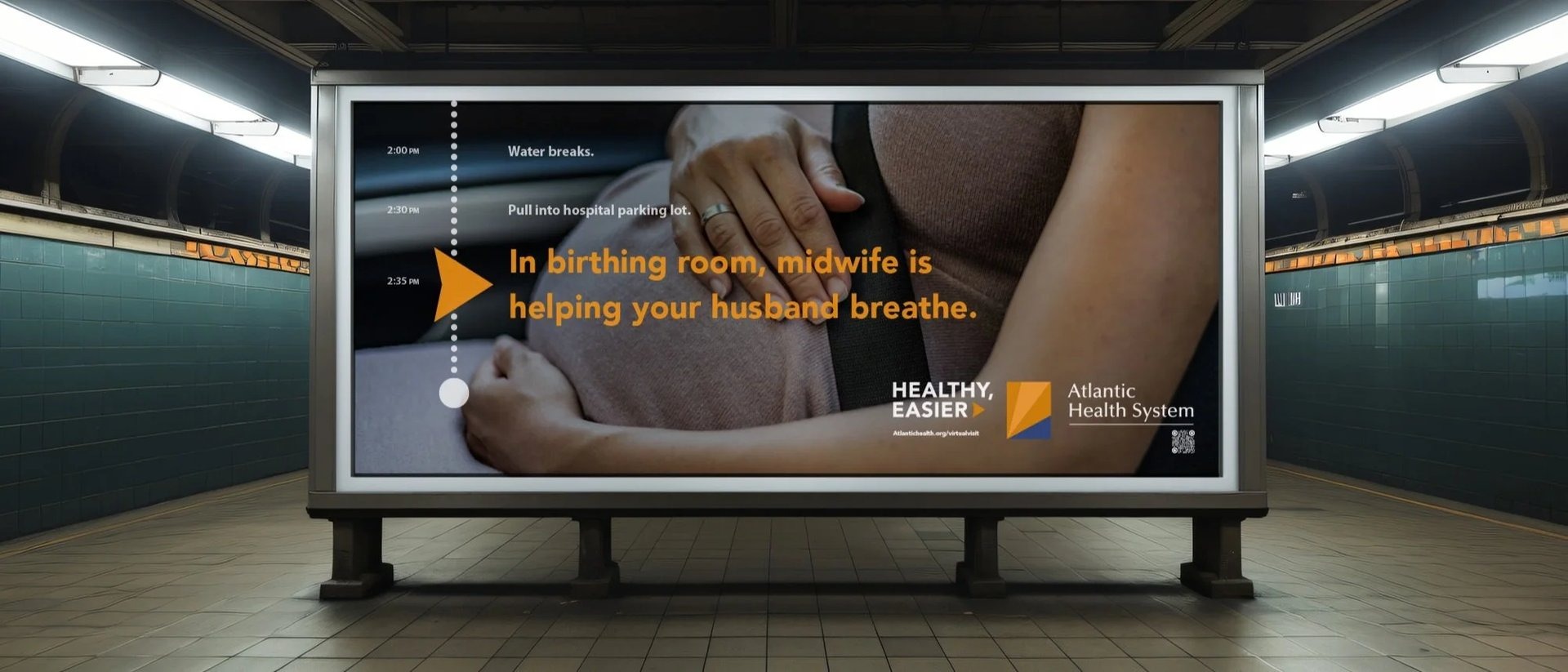 Atlantic Health subway billboard — birthing room timeline ad