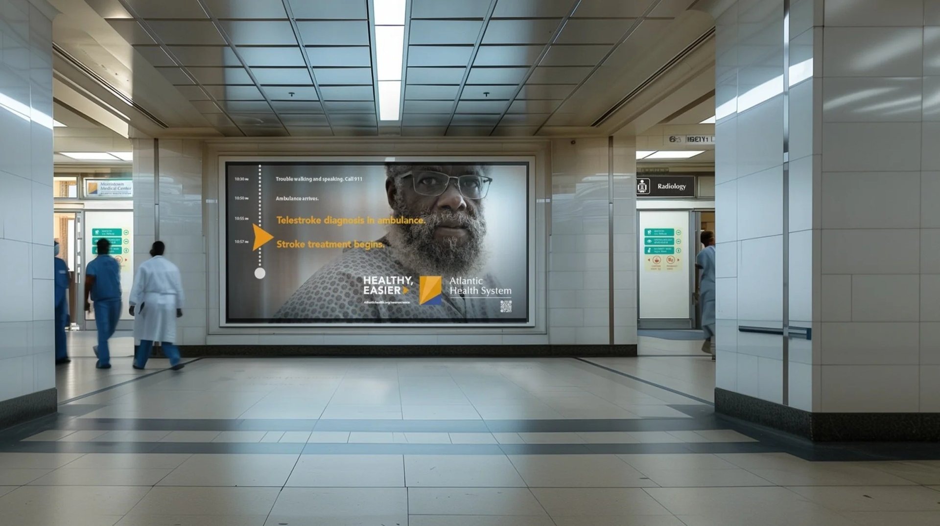 Atlantic Health hospital corridor wallboard — telestroke timeline ad