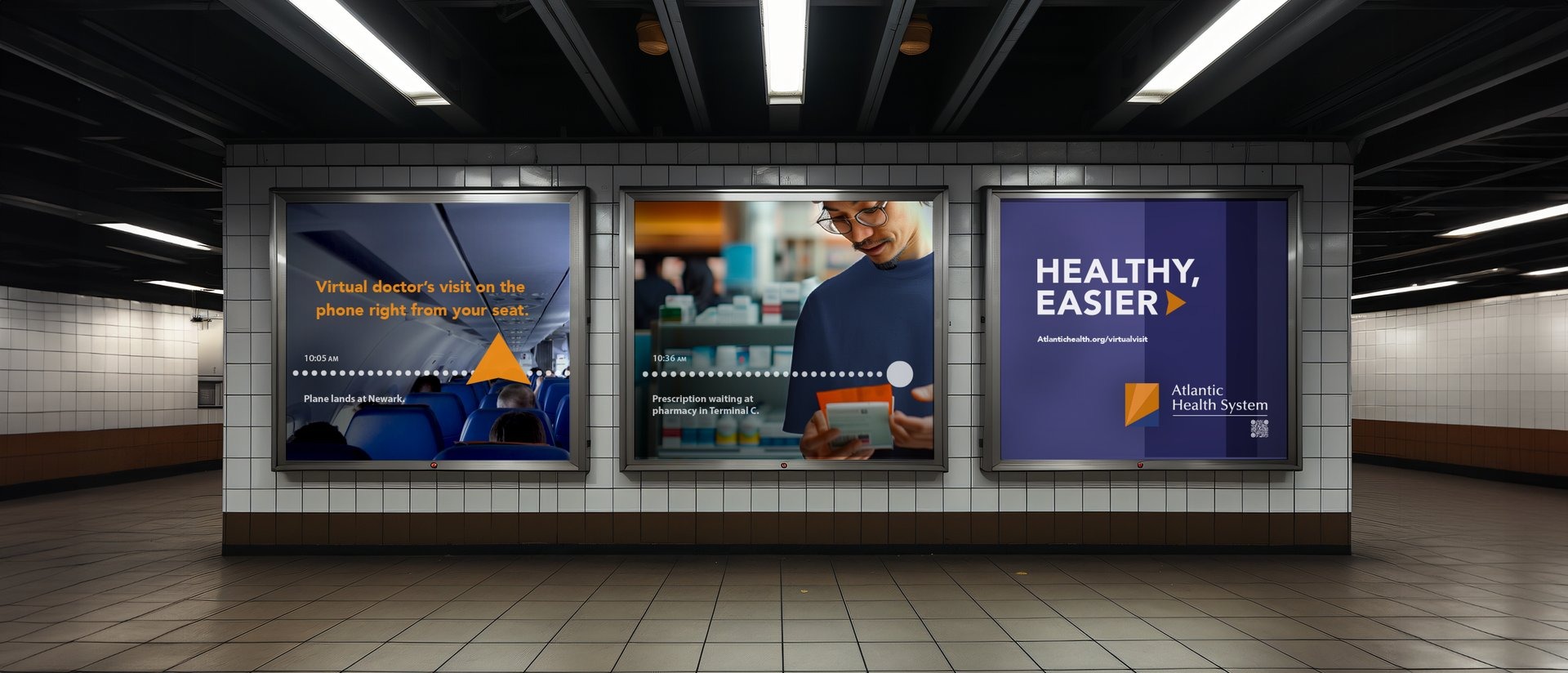 Atlantic Health subway takeover — virtual visit, pharmacy pickup and Healthy, Easier brand panels