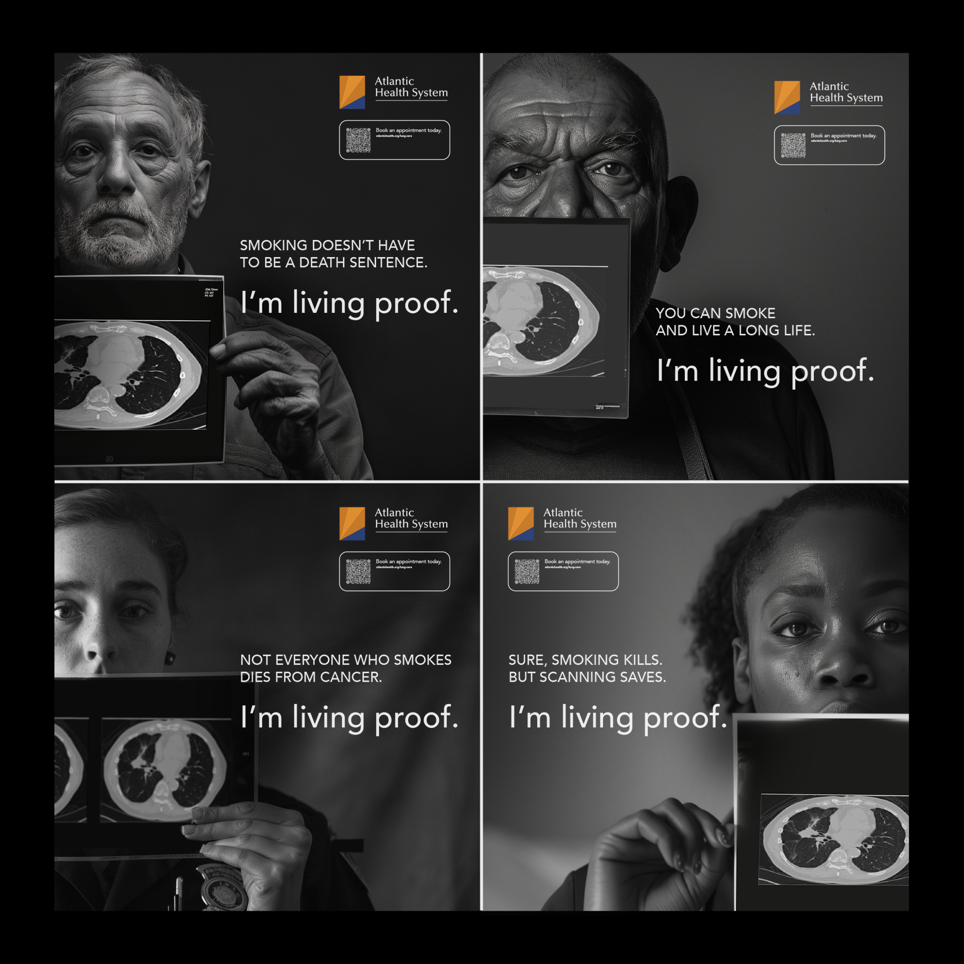 Atlantic Health lung cancer screening campaign featuring real survivor portraits and CT scans