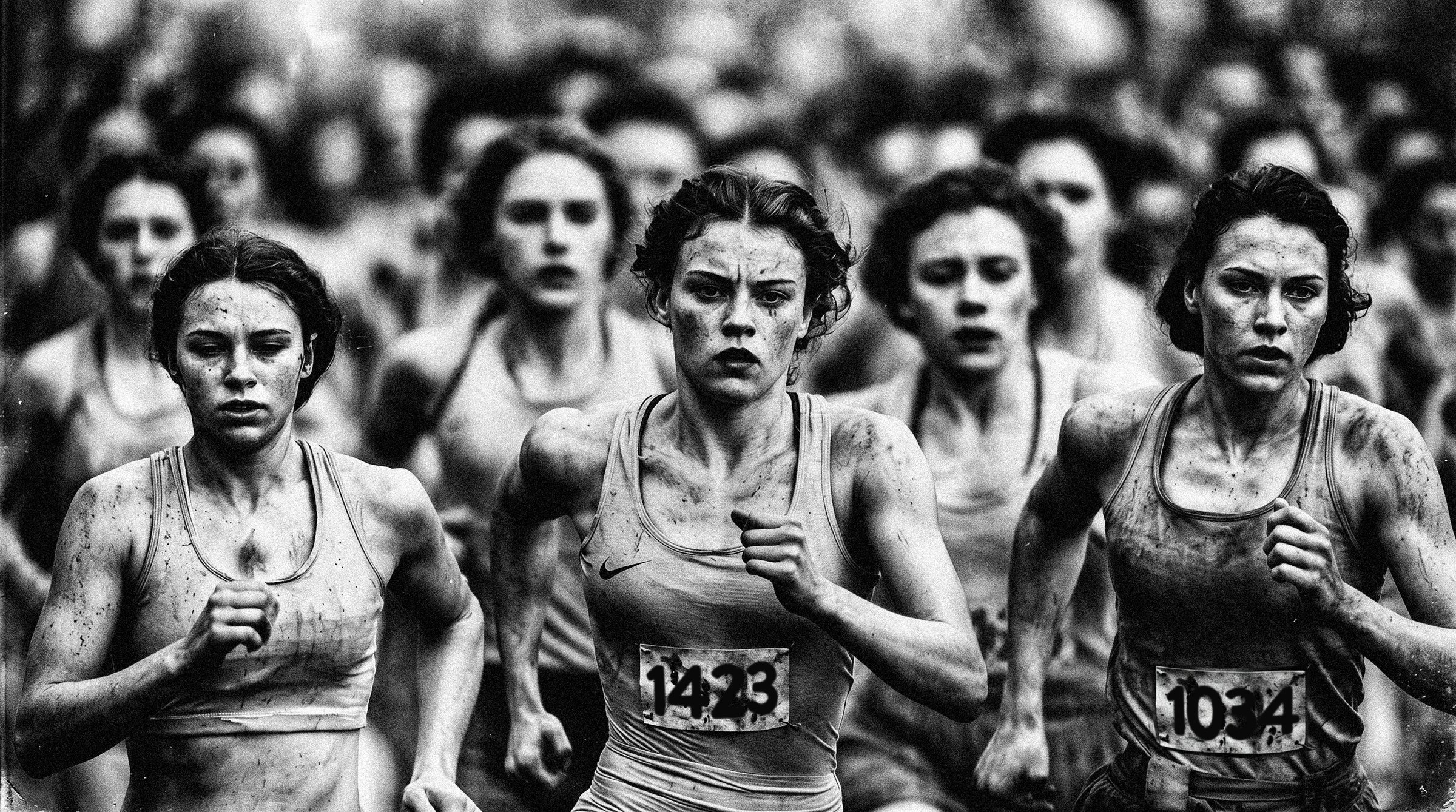 Women runners mid-race, packed shoulder to shoulder
