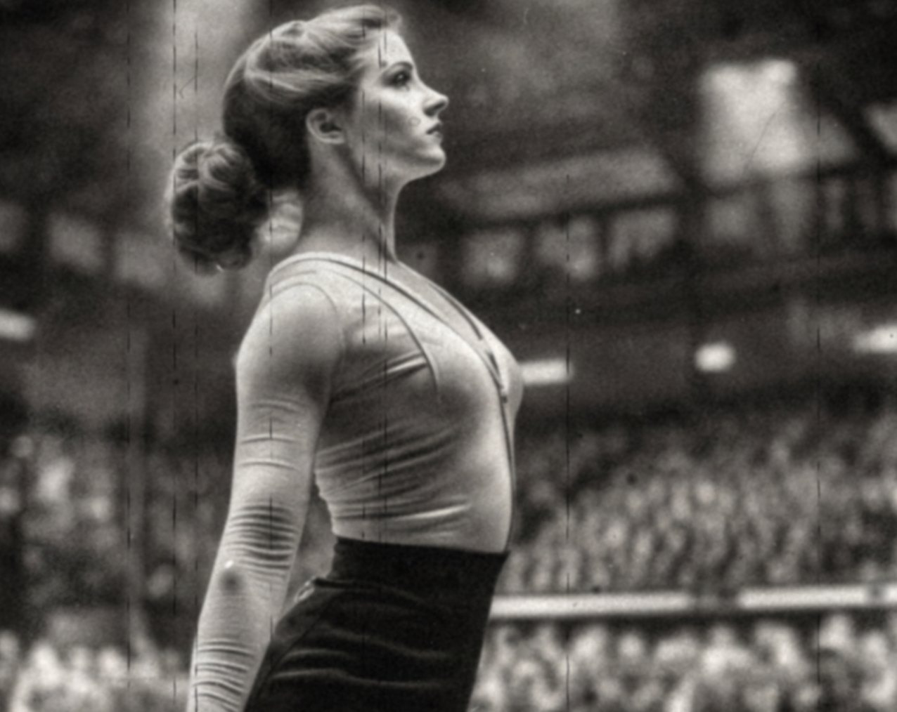Profile portrait of a gymnast in period dress against a stadium crowd