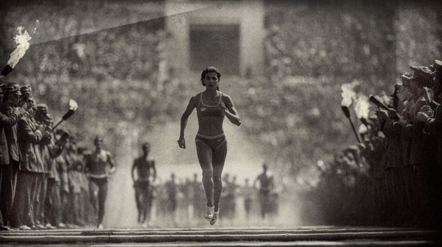 A woman runner alone on the track before a crowded grandstand