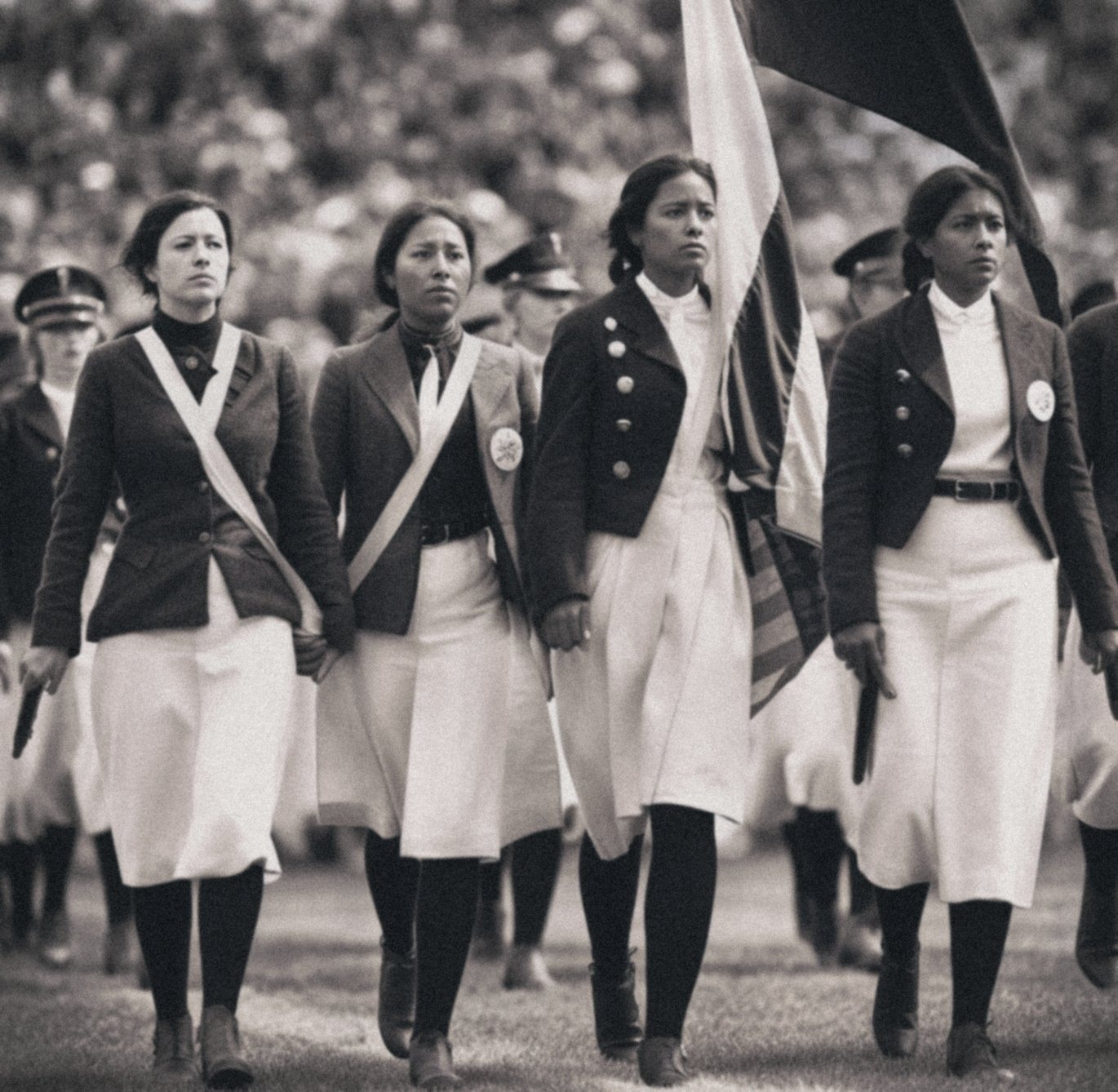 Women athletes of the 1900 Paris Olympics marching in delegation uniforms